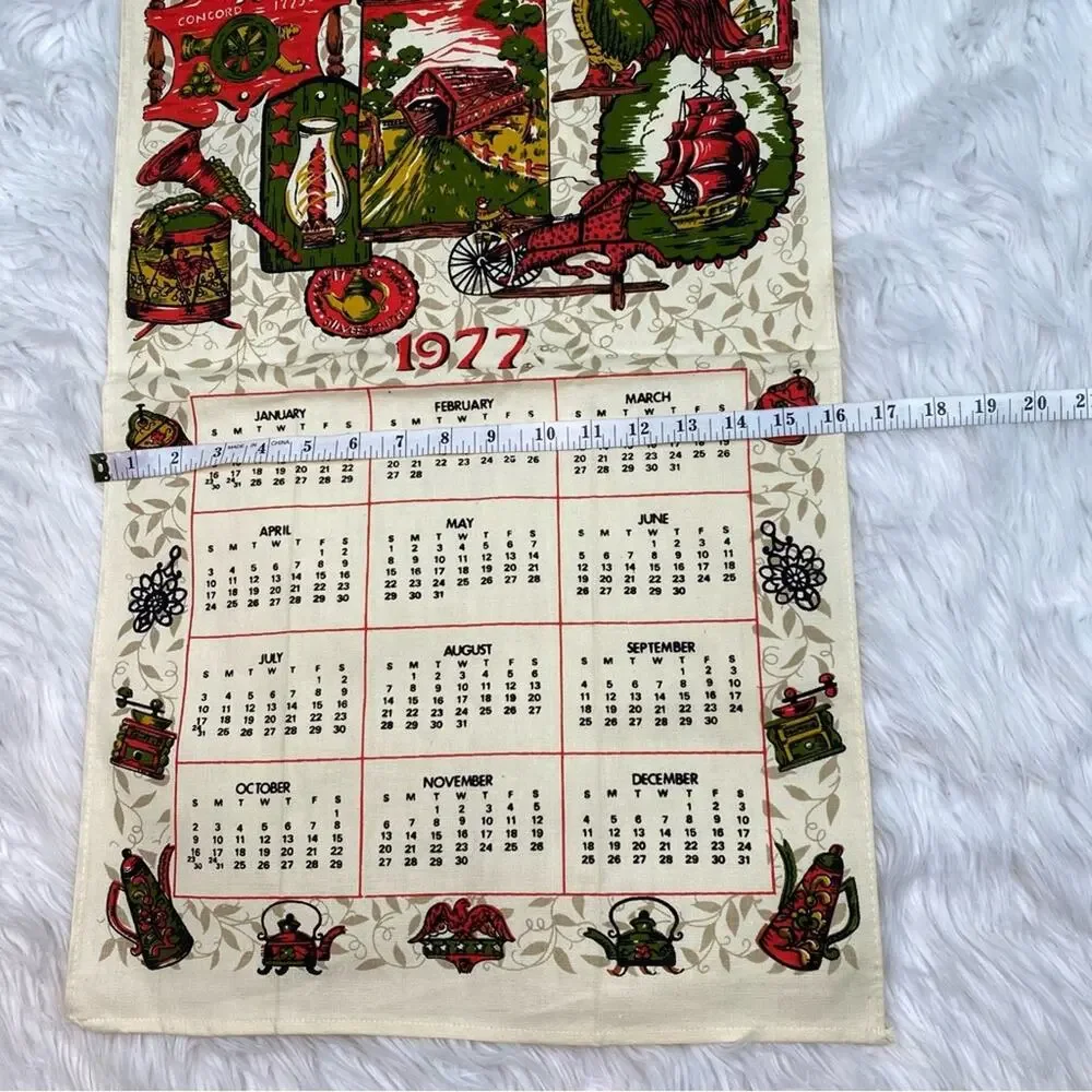 1977 Vintage Cloth Wall Calendar Beige Cottagecore Folk Art